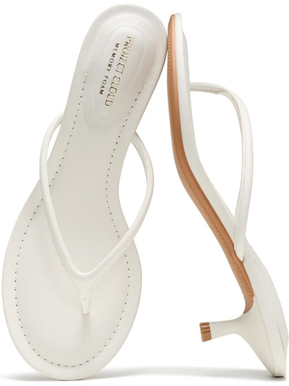 Women's Leather Kitten Heels White Slip On Thong Heels Sandals Thong Heels